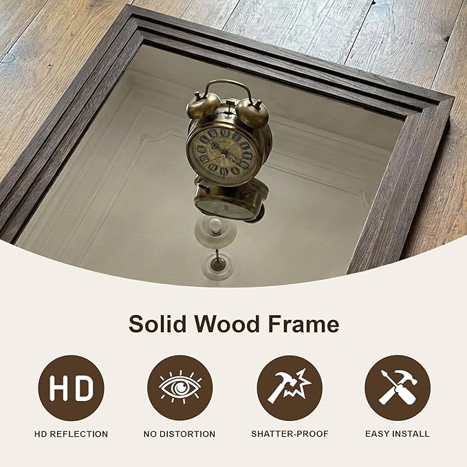 Farmhouse Rustic Wood Framed Bathroom Vanity Mirror for Wall, 26x38, Brown | Recessed Stepped Solid Wood Frame, HD Shatterproof Glass, Vertical/Horizontal Mount, for Bathroom Sink, Living Room, Entryway