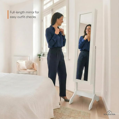 Standing Jewelry Cabinet – Full Length Mirror Jewelry Armoire Organizer with Lock, LED Lights & Multiple Storage Compartments