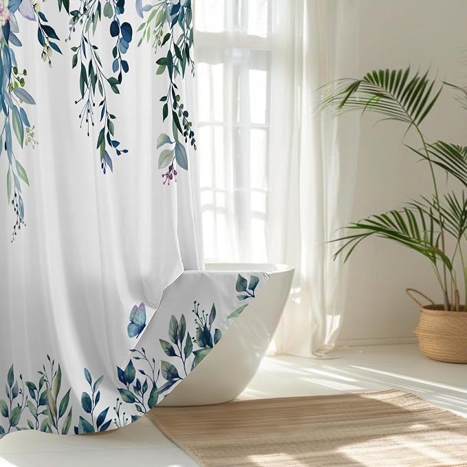 Dark Blue Floral Eucalyptus Shower Curtain with Hooks, 72x72 Inch | Waterproof Fabric, Watercolor Leaves and Floral, Botanical Style, Machine Washable, Quick-Drying, for Hotel Bathroom