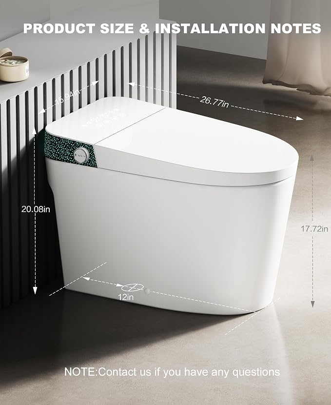Smart Toilet with Bidet Built In, Auto Flush, ADA Comfort Height | Built-in tank supports 1000g MaP and outage flushing; Foam Shield, auto lid, heated seat, instant warm wash/dry add comfort.