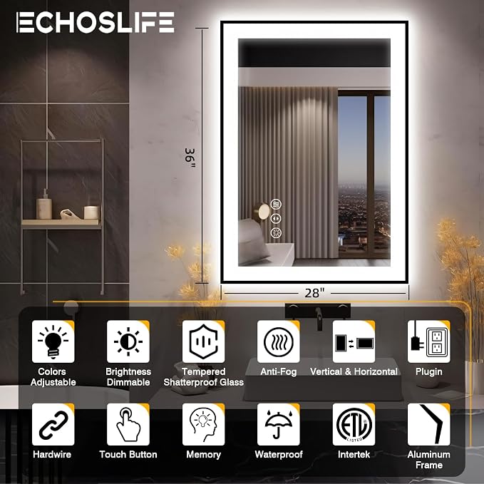EchosLife 28x36 LED Bathroom Mirror for Wall - Black Aluminum Framed | Black Frame, Front and Backlit, Anti-Fog, Stepless Dimmable, 3 Colors, Memory, Tempered Glass, UL Listed, Horizontal/Vertical