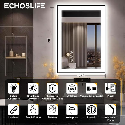 EchosLife 28x36 LED Bathroom Mirror for Wall - Black Aluminum Framed | Black Frame, Front and Backlit, Anti-Fog, Stepless Dimmable, 3 Colors, Memory, Tempered Glass, UL Listed, Horizontal/Vertical