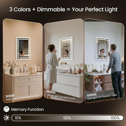 20x28 LED Bathroom Mirror with Anti-Fog, Backlit & Front Lit, Memory | Stepless Dimmable 3 Color CRI 95+ Shatterproof Tempered Glass ETL Listed for Safety Lighted Bathroom Vanity Mirror for Wall