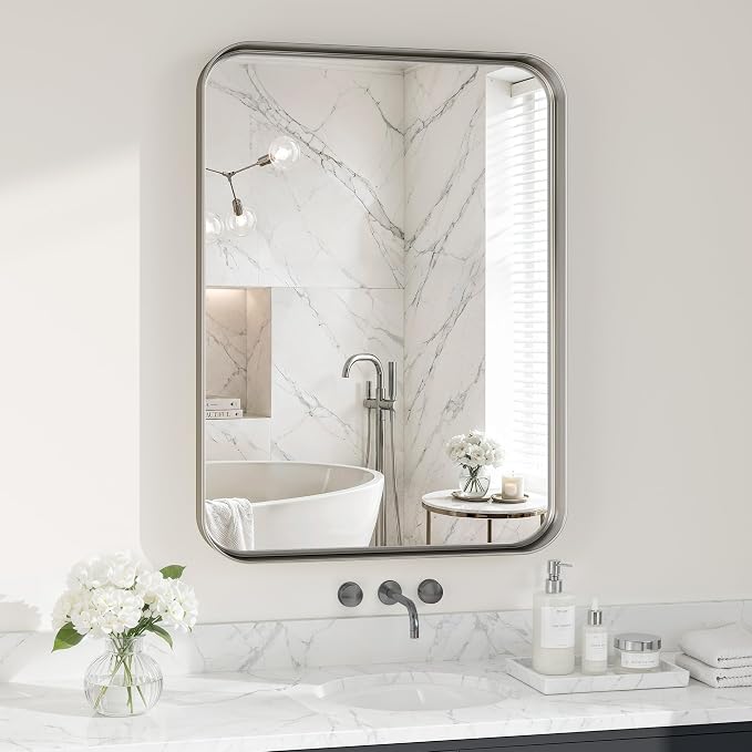 Matte Silver Metal Framed Vanity Rounded Rectangle Bathroom 24X32 Inch Mirrors for Over Sink Wall,Modern Decorative for Restroom, Anti-Rust Aluminum Alloy Mirror, Horizontally or Vertically Hanging