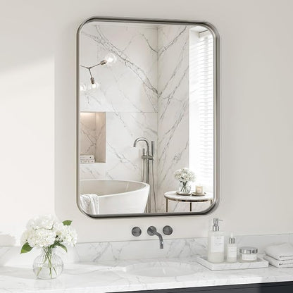 Matte Silver Metal Framed Vanity Rounded Rectangle Bathroom 24X32 Inch Mirrors for Over Sink Wall,Modern Decorative for Restroom, Anti-Rust Aluminum Alloy Mirror, Horizontally or Vertically Hanging