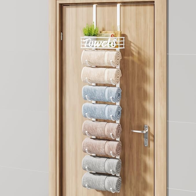 HapiRm Towel Racks for Bathroom Storage - 9 Tier Over The Door & Wall Mount Rolled Towel Storage Organizer Holder with Metal Shelf Basket for Small Bathroom, Camper, Rv - White, Patented