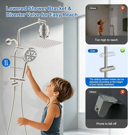 Metal 10" Filtered Rainfall Showerhead Combo, Easy Reach, Brushed Nickel | 4-Way Diverter with Pause Mode, High Pressure Shower Head with 10-Spray Handheld, 71" Hose/12" Extension Arm/Holder