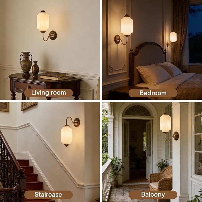 Vintage Milk Glass Wall Sconce Set of Two, H15" Hardwired White Bathroom Sconce with Gold Carved Metal, Antique Retro Wall Lamp for Bedroom, Living Room, Hallway, E12 Bulb, Warm Light (White 2Pack)