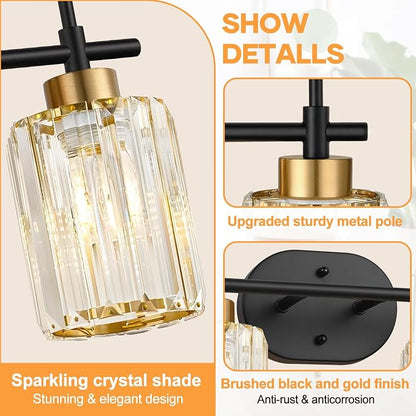 Modern Crystal Bathroom Vanity Light Fixtures, 2-Light Black and Gold Bathroom Wall Sconce Lighting for Over Mirror, Clear K9 Crystal Shades, E26 Base, Bulbs Not Included