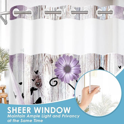 No Hook Shower Curtain with Snap in Liner 54x80 Inch Purple Daisy | Farmhouse Flower Rustic Modern Double Layers Waterproof Fabric with See Through Top Window Open Grommet Bath Curtain