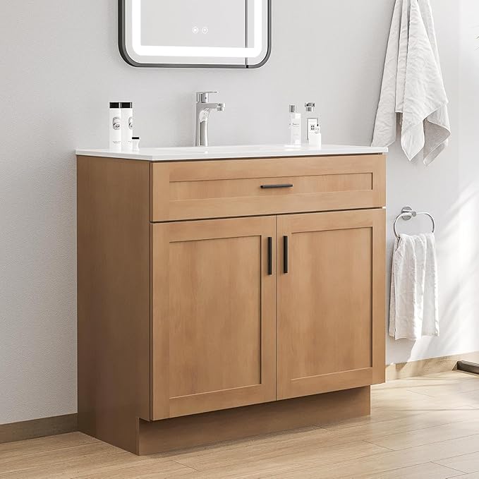 36 Inch Bathroom Vanity with Sink, Farmhouse Style Natural Wood Grain, Double Door Open Storage, Thickened Material & Sturdy Frame, Freestanding Ceramic Sink Vanity(Natural Oak)