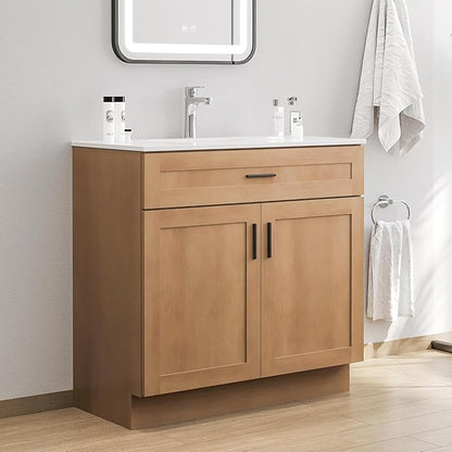 36 Inch Bathroom Vanity with Sink, Farmhouse Style Natural Wood Grain, Double Door Open Storage, Thickened Material & Sturdy Frame, Freestanding Ceramic Sink Vanity(Natural Oak)