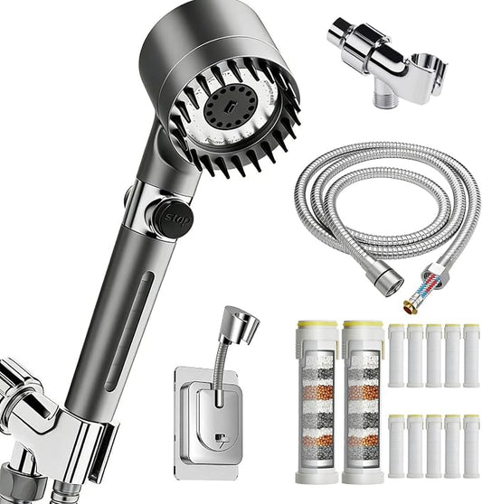 High Pressure Filtered Shower Head with Handheld for Hard Water | Ion Shower Head with 12 Replaceable Water Softener Filters,78" Anti-Burst Hose,Adjustable Bracket,4 Spray Modes,ON/OFF Switch