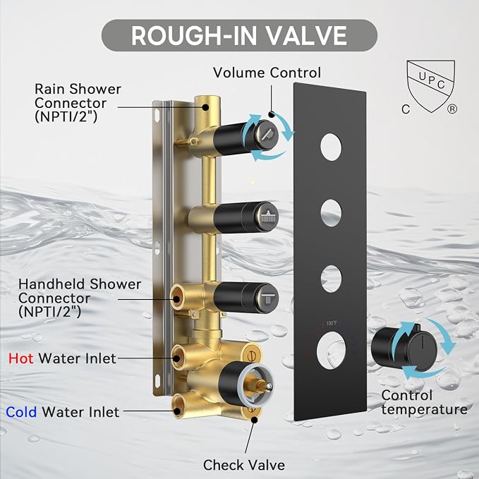 Thermostatic Shower System,Shower Faucet Set,12 Inch Ceiling Mounted and 6 Inch Wall Mount Rain Shower Head with 2 in 1 Handhled,Push Button Diverter Dual Shower Head Combo Set Matte Black