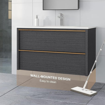 36 Inch Bathroom Vanity with Sink, Floating Vanity Bathroom, Modern Wall Mount Bathroom Cabinet, Double Drawers, Gold Handle, Suitable for All Kinds of bathrooms (with Sink, 36")