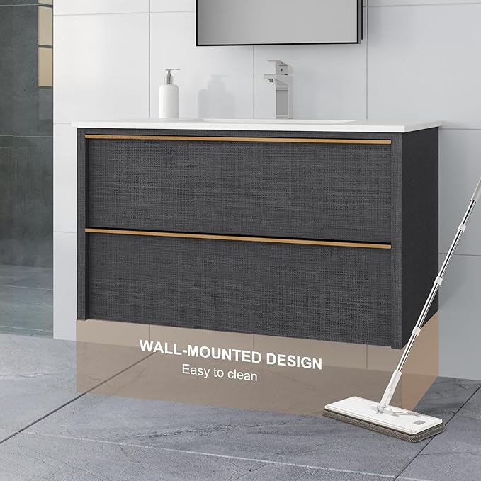 36 Inch Bathroom Vanity with Sink, Floating Vanity Bathroom, Modern Wall Mount Bathroom Cabinet, Double Drawers, Gold Handle, Suitable for All Kinds of bathrooms (Without Sink, 36")