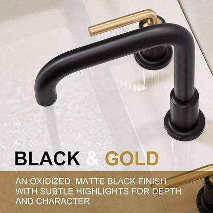 Black and Gold Bathroom Faucet, Modern Bathroom Faucet | 8 inch Widespread Bathroom Faucet 3 Hole with Drain Assembly Supply Line, Solid Brass Lead-Free Vanity Faucet, BF503-GB
