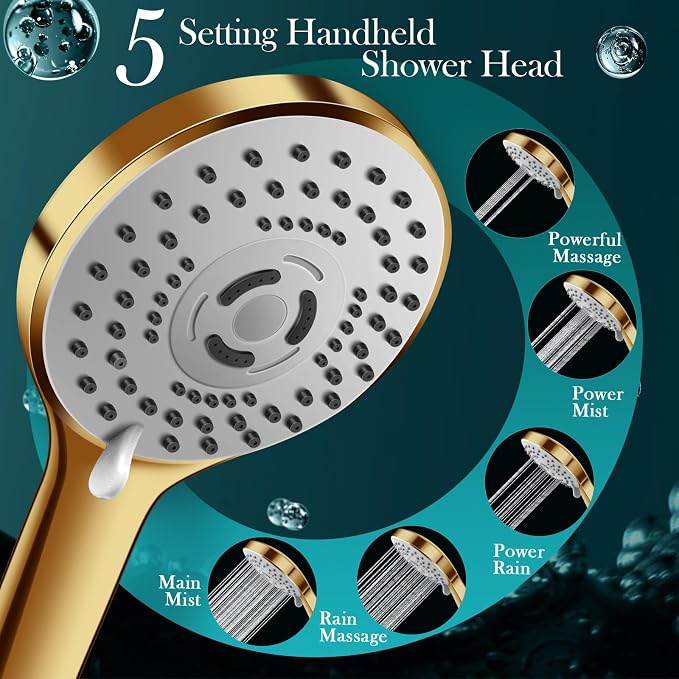 12'' Gold Rain Shower Head with 16” Extension Arm and 5 Setting Handheld | High Pressure Rainfall Shower Head with Flexible Adjustable Height and Angle Arm,Stainless Steel and Anti-leak