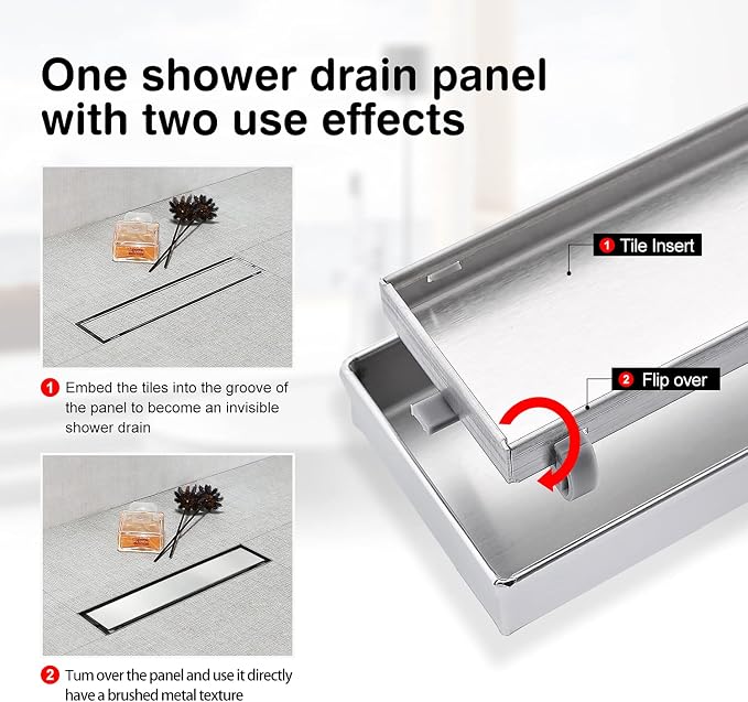 SaniteModar Linear Shower Drain 12 inch Brushed with Tile Insert Panel | AISI 304 Stainless Steel Brushed Linear Dain Rectangle Shower Floor Drain with Hair Strainer and Leveling Feet
