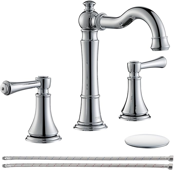 Polished Chrome Bathroom Faucet 8 inch Widespread for 3 Holes, with 2 x 23.6 inch Water Supply Lines and Plastic Pop-Up Drain, Classic 2-Handle Bathroom Vanity Sink Faucet, 360° Swivel Spout