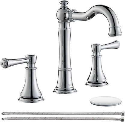 Polished Chrome Bathroom Faucet 8 inch Widespread for 3 Holes, with 2 x 23.6 inch Water Supply Lines and Plastic Pop-Up Drain, Classic 2-Handle Bathroom Vanity Sink Faucet, 360° Swivel Spout