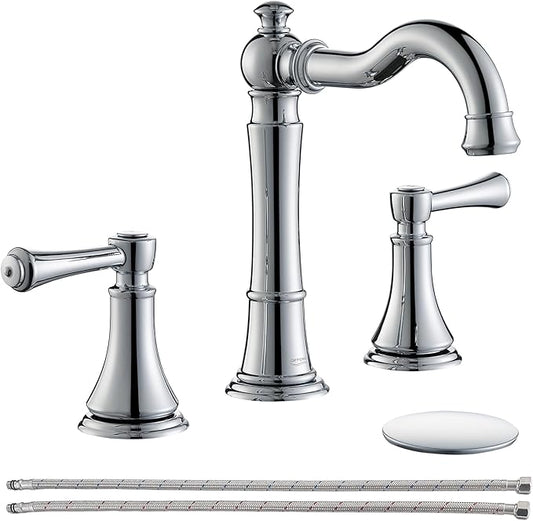 Polished Chrome Bathroom Faucet 8 inch Widespread for 3 Holes, with 2 x 23.6 inch Water Supply Lines and Plastic Pop-Up Drain, Classic 2-Handle Bathroom Vanity Sink Faucet, 360° Swivel Spout