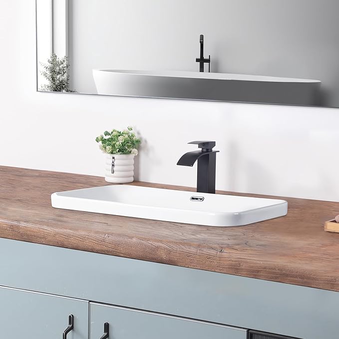 Bathroom Vessel Sink 27.3" X 15.5" Semi Recessed Bathroom Sink Rectangular Drop In Bathroom Sinks with Overflow White Ceramic Vessel Sinks for Bathroom Modern Above Counter Basin Vanity Sink