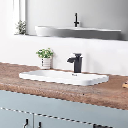 Bathroom Vessel Sink 27.3" X 15.5" Semi Recessed Bathroom Sink Rectangular Drop In Bathroom Sinks with Overflow White Ceramic Vessel Sinks for Bathroom Modern Above Counter Basin Vanity Sink