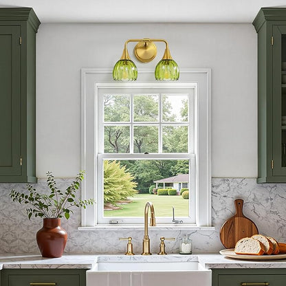 Bathroom Vanity Light Fixtures: 2-Lights Vintage Bathroom Lights Over Mirror with Ribbed Green Tulip Glass Shade - 14 inch Brushed Gold Wall Sconce Bath Lighting