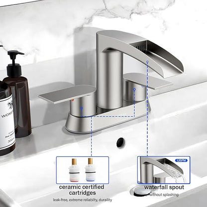 Bathroom Sink Faucet for 3 Hole, Hurran 4 Inch Bathroom Faucets with Pop-up Drain, Stainless Steel 2-Handle Waterfall Faucet for Sink, Brushed Nickel