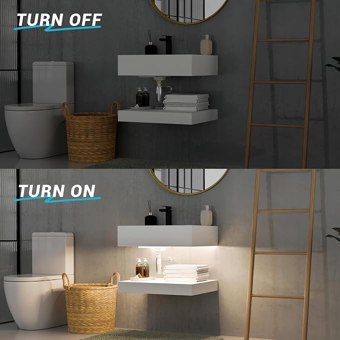24"x19" Wall Mount Bathroom Vanity with LED Smart Sensor Light, Stone Resin Floating Vanity Sink Rectangular Vessel White Trough Art Basin with Shelf Layer