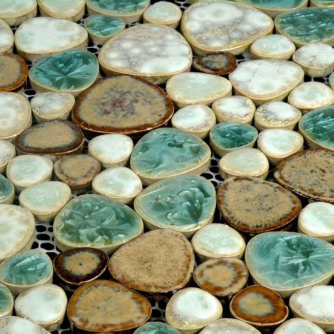 Ceramic Pebble Mosaic Tile, Aqua Cream Coffee, 5 Sq Ft | Crystal Glazed Porcelain, River Stone Look, 12"x12" Sheet for Kitchen Backsplash, Fireplace Surround & Spa Wall Decor
