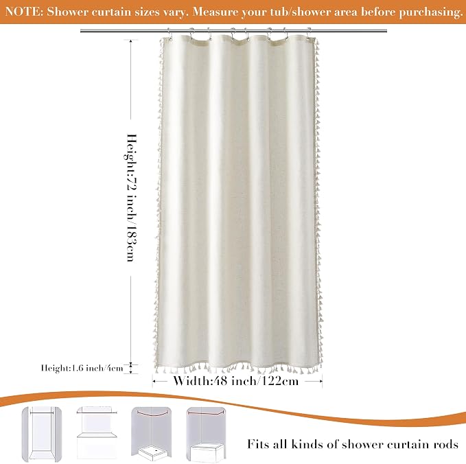 Stall Natural Boho Linen Shower Curtain 48 Inches Neutral French Country Curtain for Bathroom Farmhouse Weighted Tassel Shower Curtain Set with Hooks Modern Vintage Style Decor 48x72, Cream
