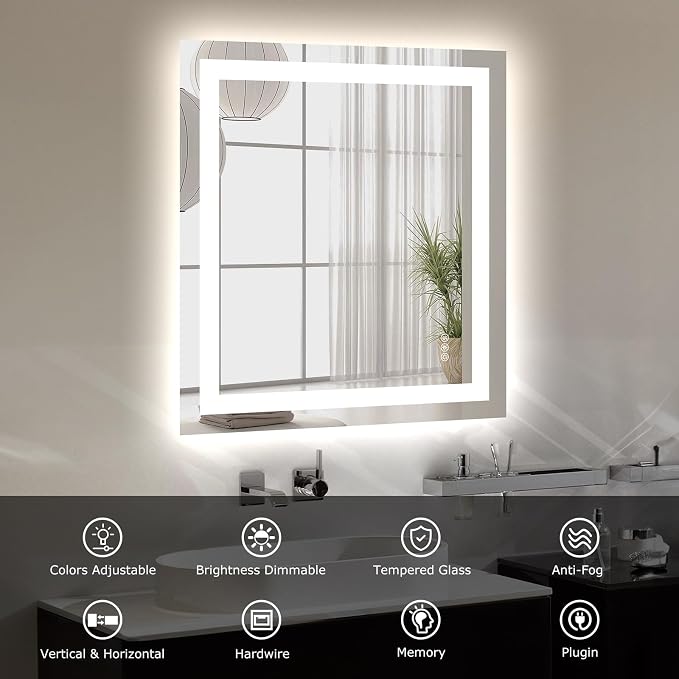 Hivone 28"X32" LED Bathroom Mirror with Lights, Anti-Fog, Dimmable, Backlit + Front Lit, Smart Bathroom Vanity Mirror, Memory Function, Shatterproof, Tempered Glass (Horizontal/Vertical)