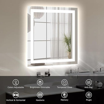 Hivone 28"X32" LED Bathroom Mirror with Lights, Anti-Fog, Dimmable, Backlit + Front Lit, Smart Bathroom Vanity Mirror, Memory Function, Shatterproof, Tempered Glass (Horizontal/Vertical)