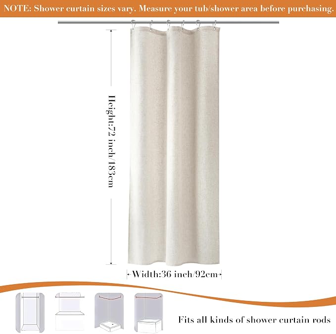 Linen Shower Curtain for Bathroom 36x72 Inch 1 Panel Cream Beige | Small Shower Curtains with Hook for Camper RV Narrow Singel, Neutral Rustic Boho Farmhouse, Simple Shower Decor,Natural Ivory