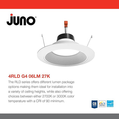 Juno 4 Inch LED Recessed Lighting, G4 Series Retrofit LED Downlight, Ceiling Light for Kitchen or Shower, 600 Lumens, 2700K Soft White, Wet Location Rated, Dimmable, Baffle Trim