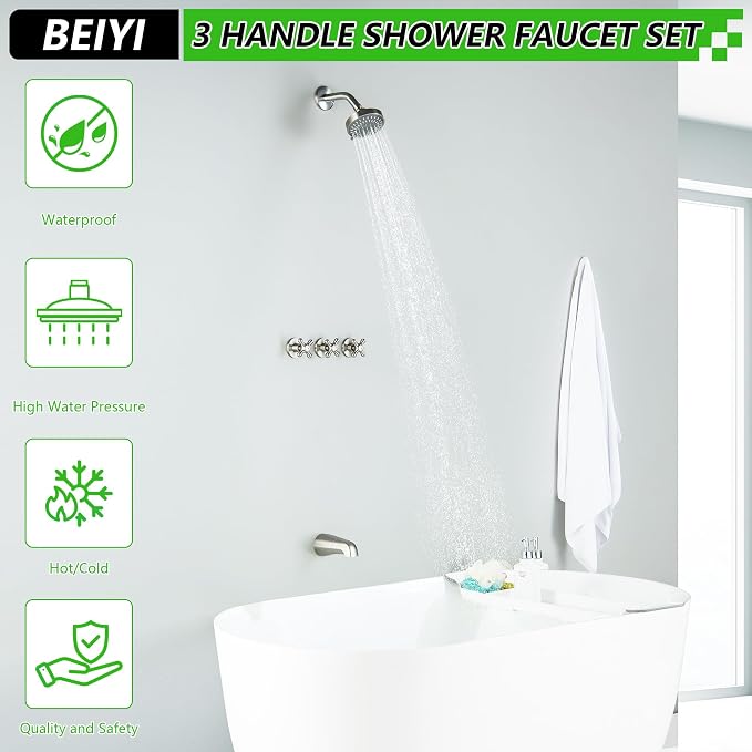 3 Handle Shower Faucet Set with Tub Spout Brushed Nickel Tub and Shower Trim Kit Bathtub Shower Faucets Completes Three Knob