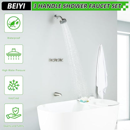 3 Handle Shower Faucet Set with Tub Spout Brushed Nickel Tub and Shower Trim Kit Bathtub Shower Faucets Completes Three Knob