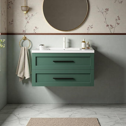 Floating Bathroom Vanity with Sink, 36" Bathroom Storage Cabinet with Curve Design Ceramic Basin & 2 Soft-Close Drawers, Wall-Mounted Vanity with Large Storage Space & Black Handle, Green