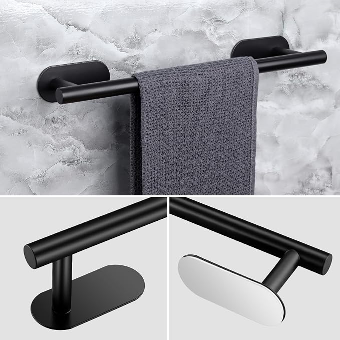 JiGiU Self Adhesive Towel Bar, Wall Mount No Drill Bathroom Hardware Set | With 16" Bath Towel Bar,Toilet Paper Holder Towel Ring & 3-Pack Towel Hooks Stainless Steel Sticky on Towel Holder Kit-Black