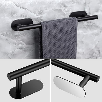 JiGiU Self Adhesive Towel Bar, Wall Mount No Drill Bathroom Hardware Set | With 16" Bath Towel Bar,Toilet Paper Holder Towel Ring & 3-Pack Towel Hooks Stainless Steel Sticky on Towel Holder Kit-Black