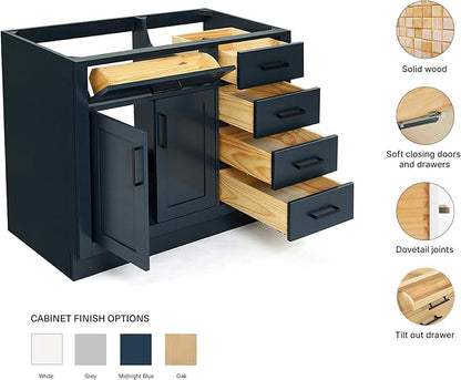 ARIEL Hepburn 42-inch Bathroom Vanity Base Cabinet,Solid Wood, 2 Soft Closing Doors, 5 Dovetail Drawers, Midnight Blue