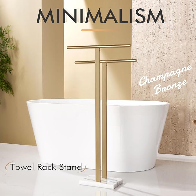 KOKOSIRI Standing Towel Rack for Bathroom Floor 2-Tier Towel Holder Free Stand with Heavy Marble Base Thicken Steady Champagne Bronze Stainless Steel THS0005-CPG