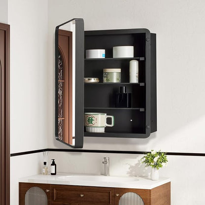 28’’x28’’ Medicine Cabinet,Metal Framed Medicine Cabinet Mirror with Round Corner,Recessed and Surface Mount Bathroom Mirror with Storage, Removeable Shelves,Dark Gray Frame