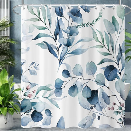 Blue Shower Curtain, Watercolor Eucalyptus Leaves Botanical Plants with Floral Bathroom Curtain Home Bathtub Decor Waterproof Fabric Machine Washable with 8 PCS Hooks,48" Wx72 L