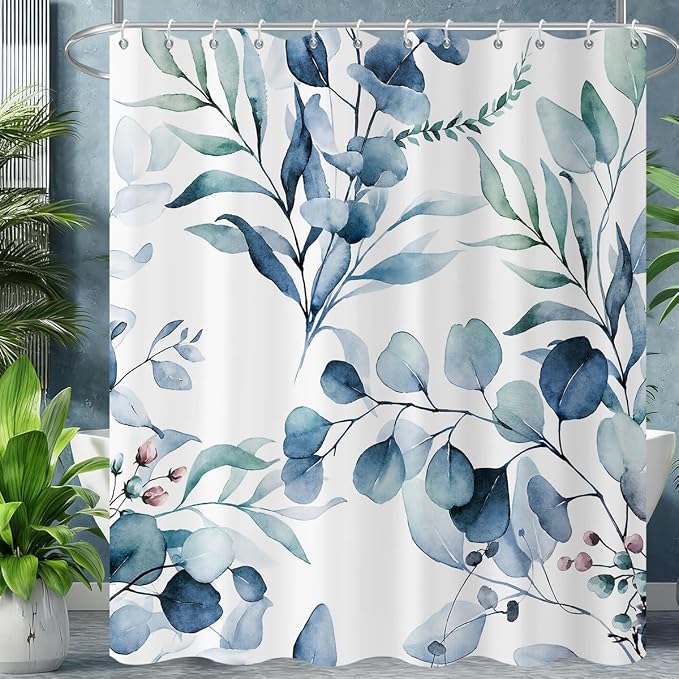 Blue Shower Curtain, Watercolor Eucalyptus Leaves Botanical Plants with Floral Bathroom Curtain Home Bathtub Decor Waterproof Fabric Machine Washable with 12 Hooks,72" Wx72 L