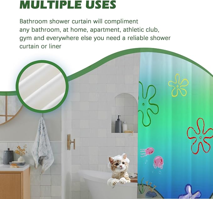Cute Anime Cartoon Green Ocean Beach Kids Shower Curtain Set 72x78 Inches | Cute Anime Cartoon Green Ocean Beach Print, Gradient Underwater Housewarming Sea Lover Guest Kids Bathroom Decor, With Hooks