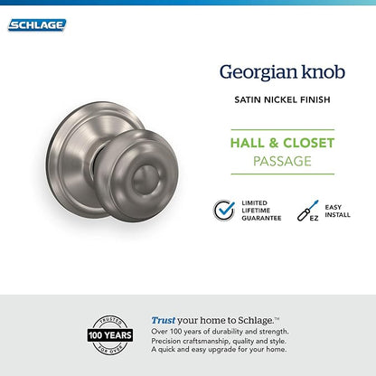 Schlage F10 GEO 619 Georgian Door Knob, Hall & Closet Passage Lock, Satin Nickel