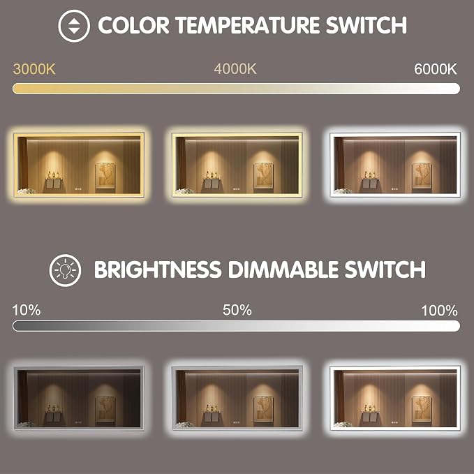 48x32 Inch LED Bathroom Mirror with Silver Frame | Silver Metal Frame, Front and Backlit, 3 Colors, Dimmable, Memory, Anti Fog, Tempered Glass, Lighted Mirror for Wall